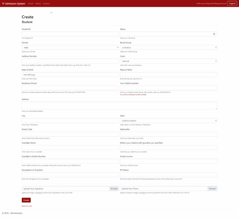 View of Common Application form for students