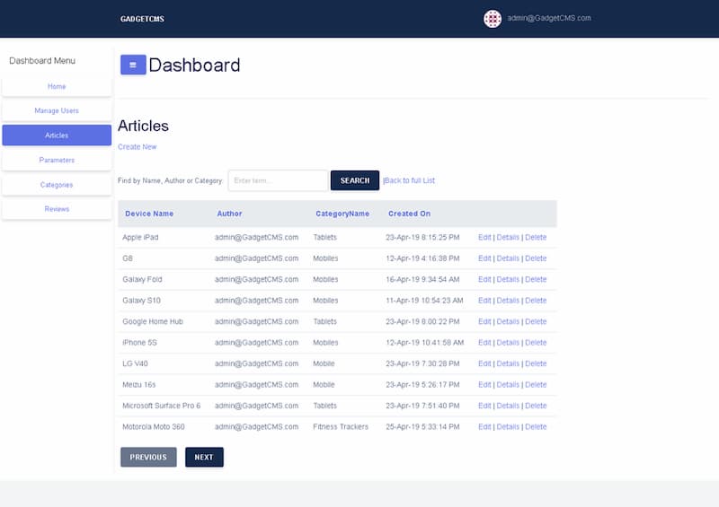 View of GadgetCMS Dashbaord - Articles page